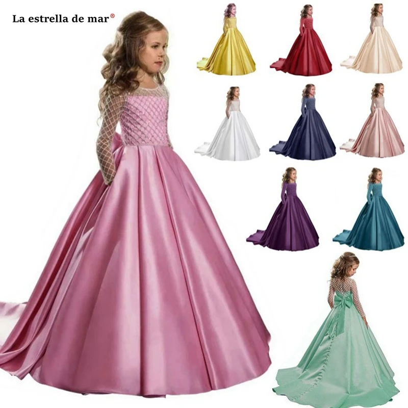 vestido comunion niña new O neck lace satin sleeves beaded A Line pink purple blue flower girl dress long wedding guests gowns | Свадьбы и