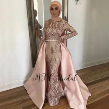 Великолепный Золотой Русалка мусульманские платья для выпускного вечера с хиджаб с расширенным съемным подолом, длинный рукав в арабском стиле Для женщин Вечернее недорогие вечерние платья