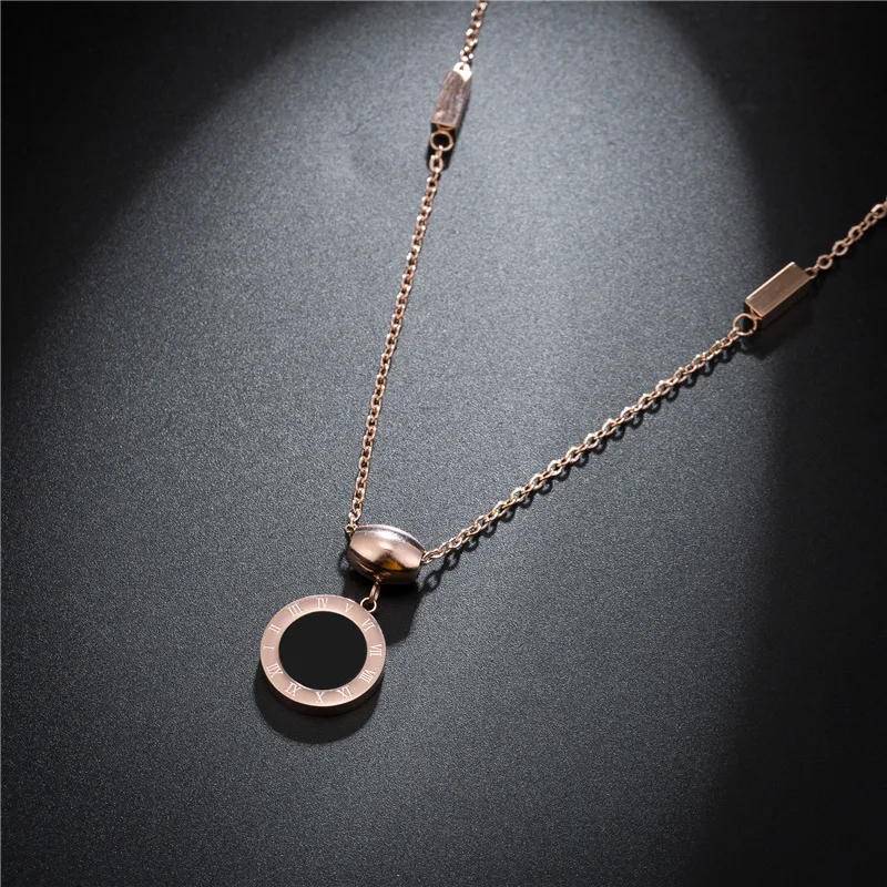 

ZooMango Titanium Steel Roman Numeral Black/White Shell Pendant Necklace Rose Gold Long Sweater Chain Necklace For Women RN02507