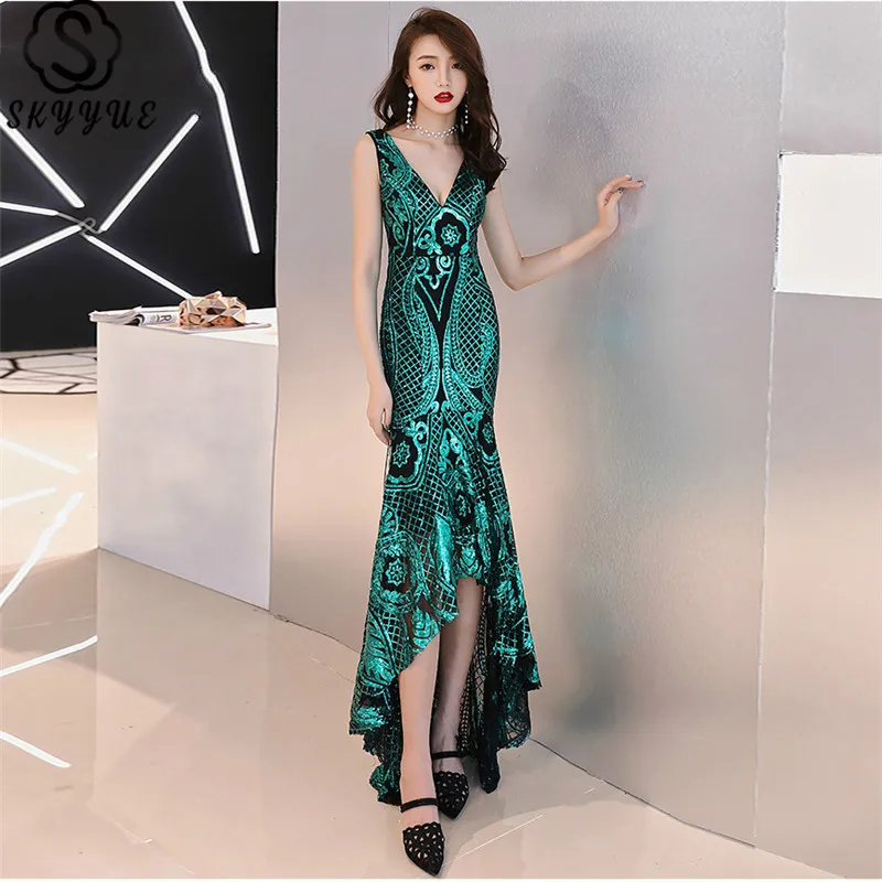 

Skyyue Evening Dresses V-Neck Sequined Mermaid Evening Dresses for Women Tank Sleeveless Zipper Floor-Length Formal Gowns C117