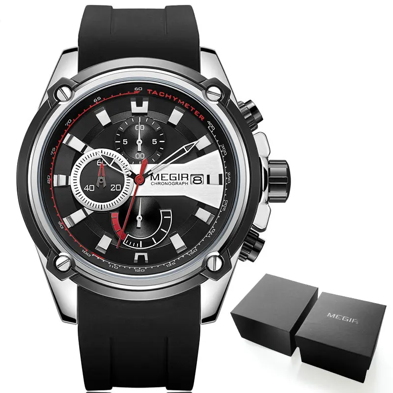 Мужские кварцевые часы MEGIR с силиконовым ремешком, спортивные наручные часы с хронографом для мужчин, часы Relogios Masculino, 2086, золотые, черные - Цвет: MN2086G-Silver Black