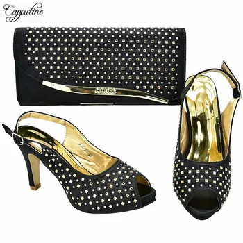 

New Coming Black High Heel Shoes With Bag Fashion Shoes And Handbag Set With Stones For Party 398-6 Heel Height 9.5CM