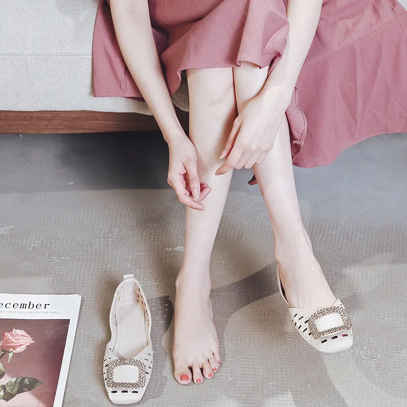 

W Red Man Flat Keel Thin Shoes Summer Online Celebrity Lazy Shoe Slip-on Square Buckle Moccosins Women's 2019 New Style Versatil