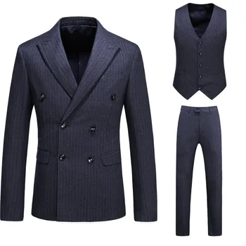 

New Plus Size Male Double Breasted Slim Suit Set Man Fashion Business Casual Stripe Blazer Three-piece Presenter Stage Clothing