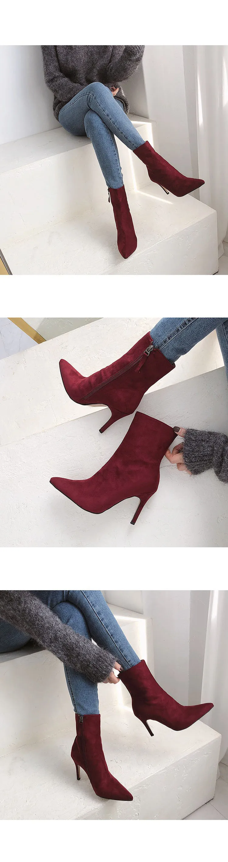 Тонкие ботинки с острым носком на тонком каблуке; сезон осень-зима; полусапожки на высоком каблуке с вельветом; красные ботинки; женские ботинки
