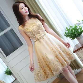

Gold Women O-Neck Sleeveless Short Party Dress Wedding Banquet Mesh Sequin Dress Evening Prom Short Ball Gown Vestido XS-XXL