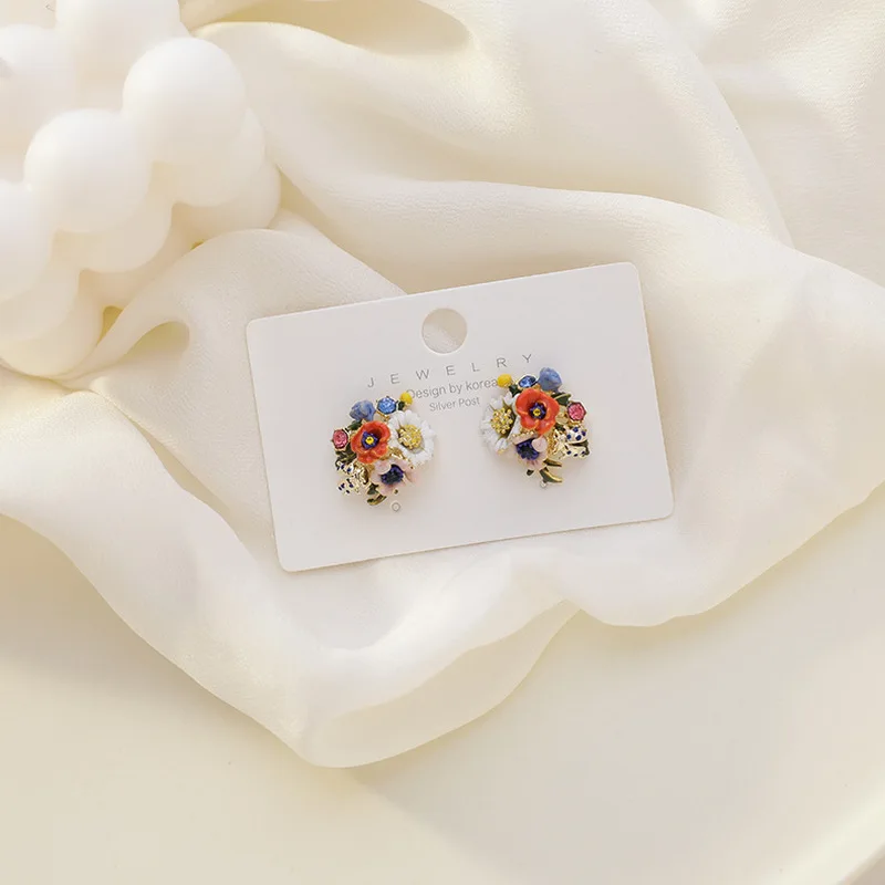Retro Colorful Enamel Flower Earrings 2020 Vintage Gold Color Alloy Multi Flowers Glass Small Stud Earrings Statement Jewelry