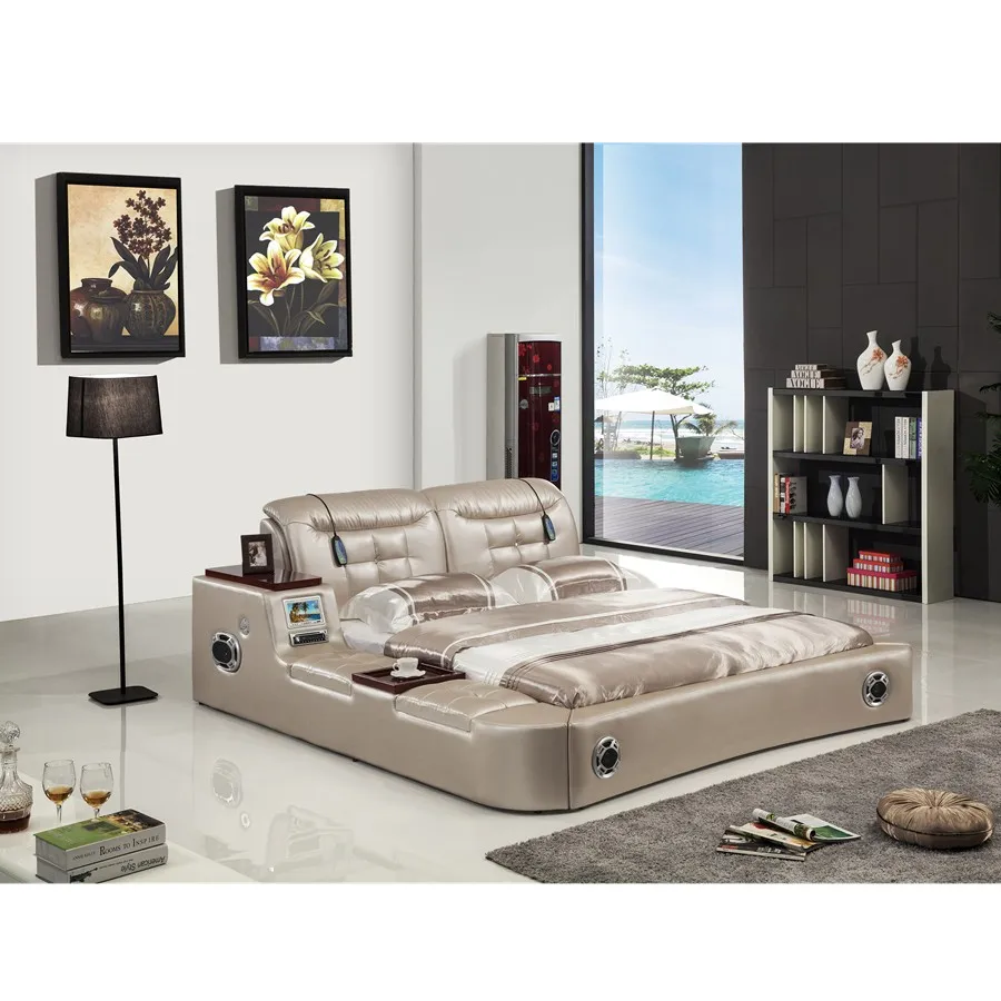 

Real Genuine leather bed TV Soft Beds Bedroom camas lit muebles de dormitorio yatak mobilya quarto massage speaker bluetooth