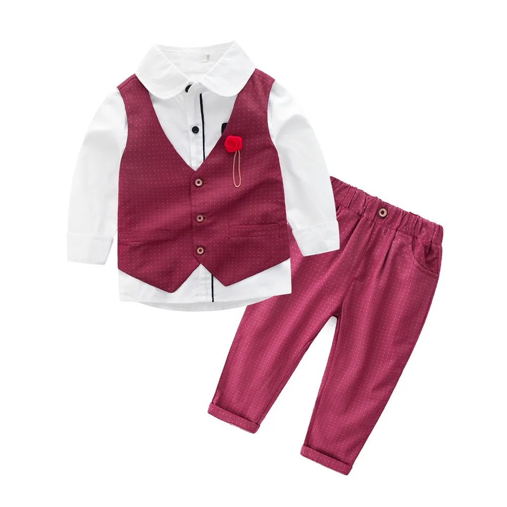 3 шт./компл. комплект одежды красного цвета для детей жилет + рубашка брюки свадьбы