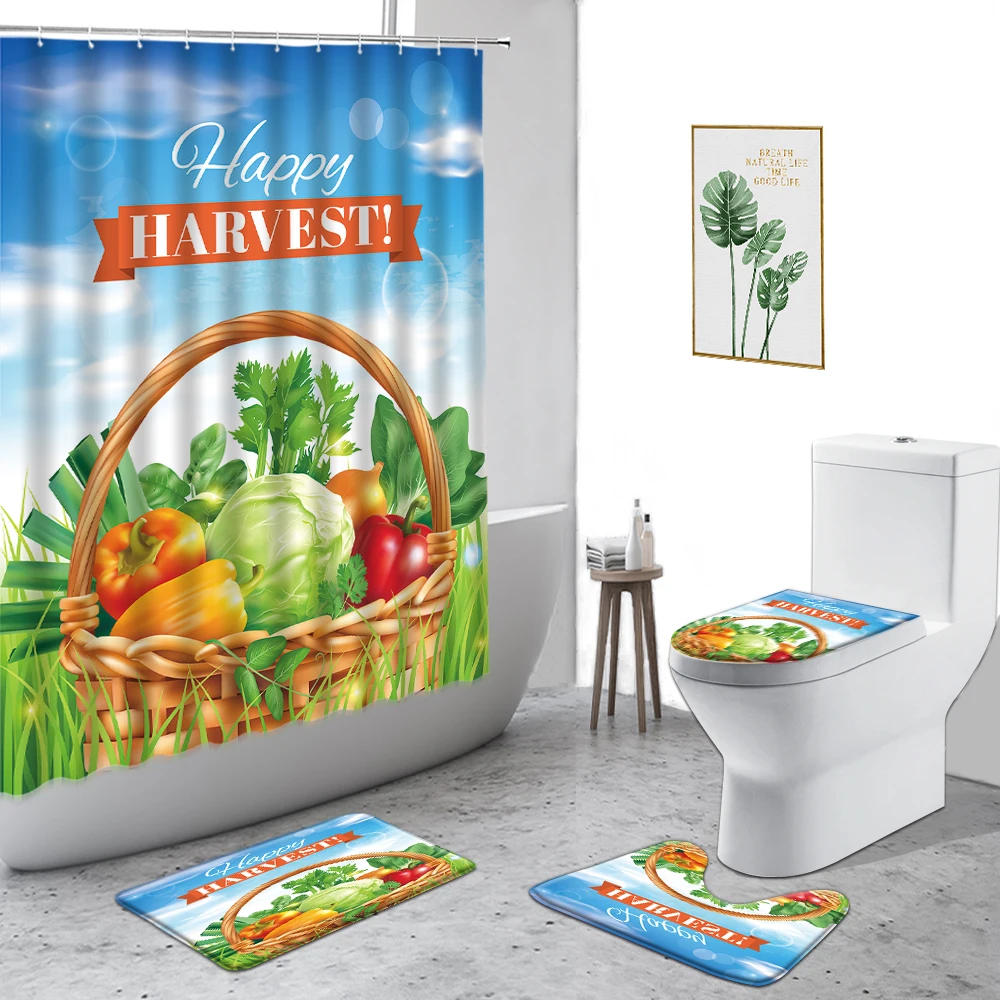 

Vegetable Shower Curtain Autumn Harvest Farm Scenery Home Decoration Waterproof Bath Curtains Non-Slip Carpet Toilet Cover Rug