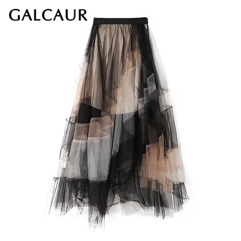 

GALCAUR Elegant Print Hit Color Women's Skirts High Waist Patchwork Mesh Plus Size Loose Maxi Skirts Female 2020 Spring Fashion