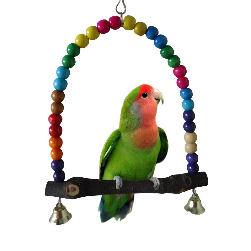 1PC Natural Wooden Parrots Swing Toy Birds Colorful Beads Bird Supplies Bells Toys Perch Hanging Swings Cage for Pets
