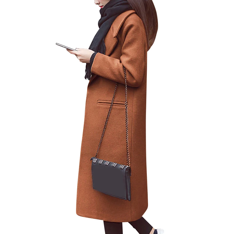 Women Artificial Woolen Coat Female Long Coat Autumn Winter Woolen Coat Long Sleeve Solid Color H9 - Цвет: caramel