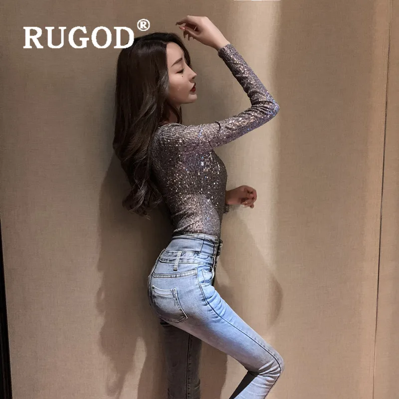 RUGOD осень зима стиль шикарные сексуальные топы с пайетками Глубокий круглый вырез с длинным рукавом Kpop одежда мода