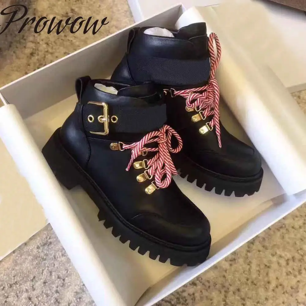 

Prowow Black Genuine Leather Lace Up Women Ankle Bootd Round Toe Buckle Strap Cool Boots Women Shoes Women