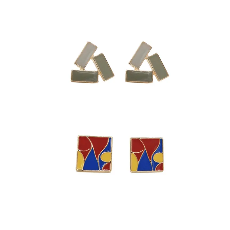 

8Seasons Fashion Ear Post Stud Earrings Multicolor/Green Rhombus Rectangle Triangle Enamel Women Girl Party Simple Jewelry,1Pair