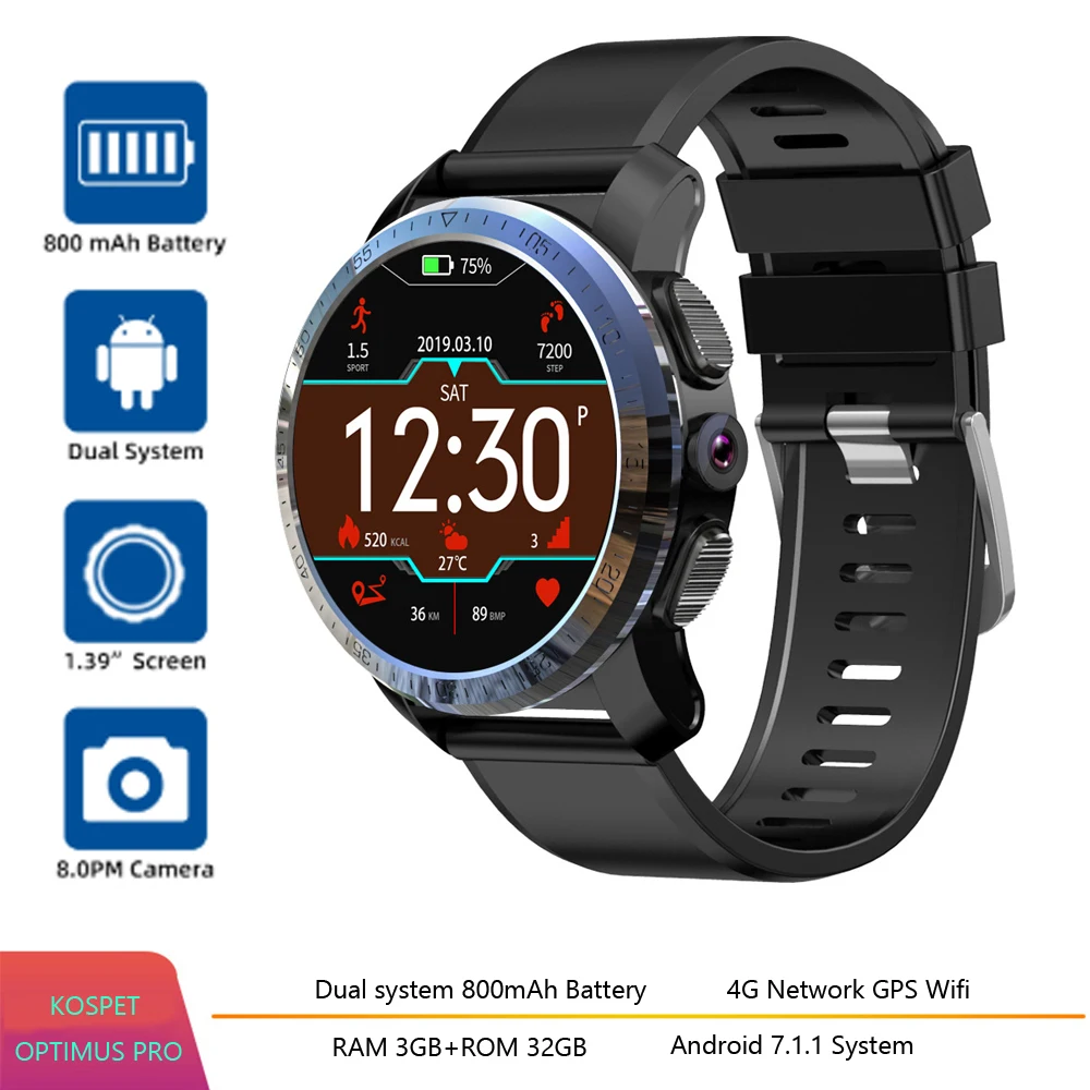 

KOSPET Optimus Pro 3GB 32GB 800mAh Bluetooth GPS 4G SmartWatch Phone Waterproof 8.0MP 1.39" Men Smart Watch For Android IOS