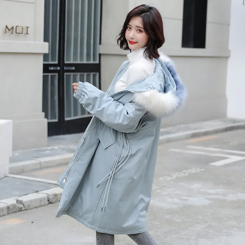 

2019 New Style Korean-style Lambs Wool Coat Large Fur Collar Mid-length Thick plus Velvet Cotton-padded Clothes