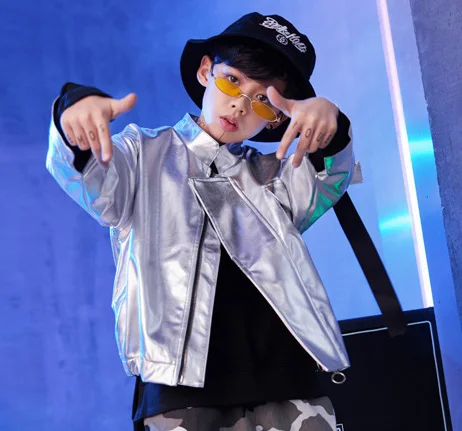 silver jacket Крутая детская одежда в стиле хип-хоп Серебряная куртка топ, пальто камуфляжные повседневные штаны для девочек и мальчиков, одежда для бальных танцев в стиле джаз, костюм, одежда - Цвет: silver jacket