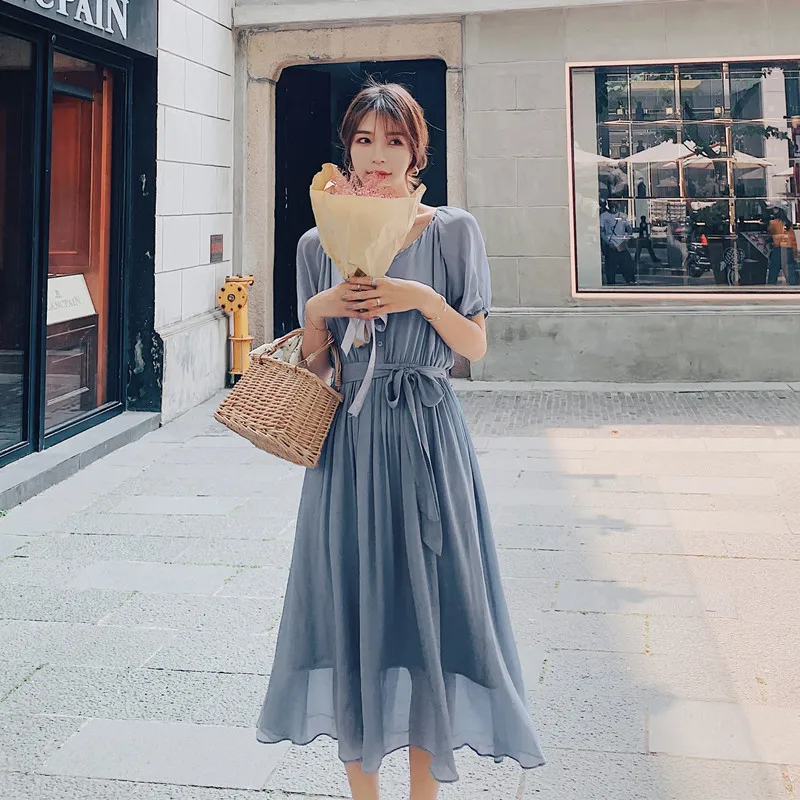 

Photo Shoot Dress 2019 New Style Summer Chiffon Elegant Dress Fairy Immortal MORI Series over-the-Knee French Intellectual Smoke