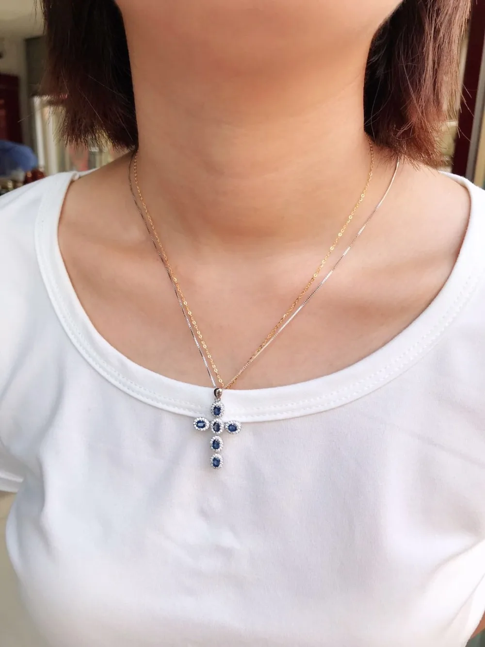 Кулон с натуральным драгоценным камнем, Серебро S925, натуральный синий сапфир, ожерелье, Трендовое элегантное милое женское свадебное ювелирное изделие с крестом