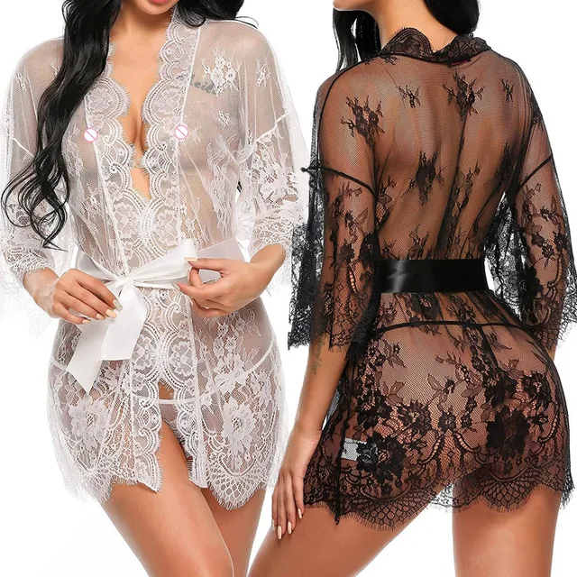 Black White Red Sexy Lace Ruffles Robe See-through Plus Size Babydoll Lingerie 1