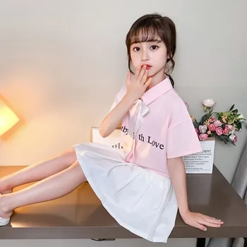 

Girls Pleated Skirt Summer 2020 New Style Summer Wear Lettered College Style CHILDREN'S Shirt Tops Half-length Short Skirt Set
