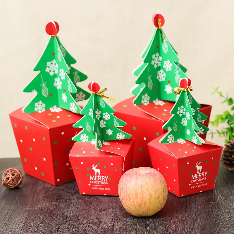 

LBSISI Life 50Pcs/Lot Christmas Eve Apple Fruit Box Candy Christmas Decoration Tree Cookie Box Peace Gift Boxes With Bell