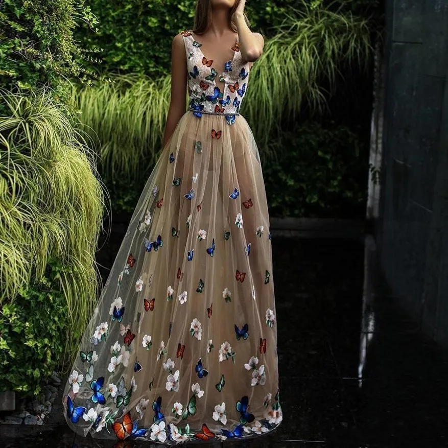 Vestido de festa, вечерние платья цвета шампанского с бабочками, Robe De Soiree Abendkleider, модные вечерние платья, длинные уникальные вечерние платья