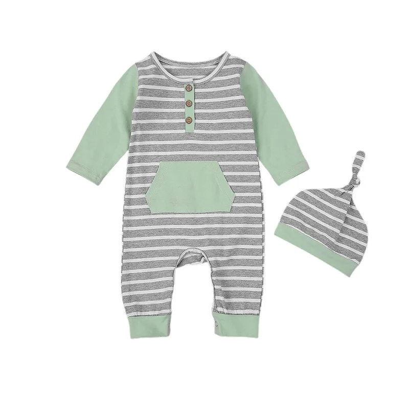 

Infant Clothing Babies Grey Stripe Pattern Round Collar Long Sleeve Romper + Cap 2pcs One-Pieces Bdoy Suits 3-24 Months