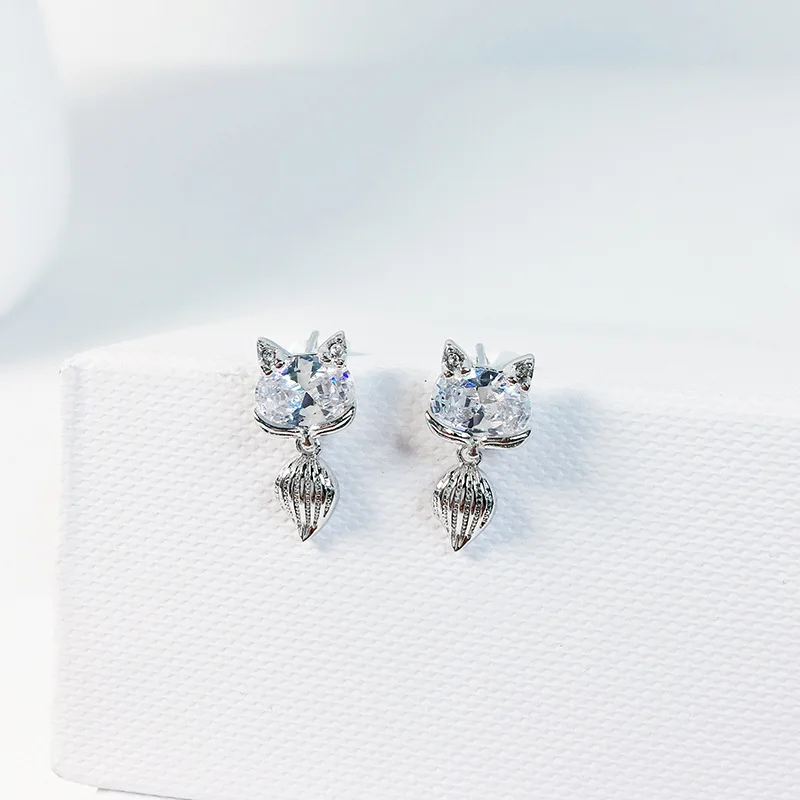 SG 100% 925 Sterling Silver Cute zircon fox on white Stud earrings for Women Silver Small Earrings Fine Jewelry free shipping