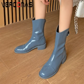 

VERCONAS Fashion Concise Women Mid-Calf Boots Autumn Winter New Side Zipper Shoes Woman Patent Leather Thick Heels Basic Boots