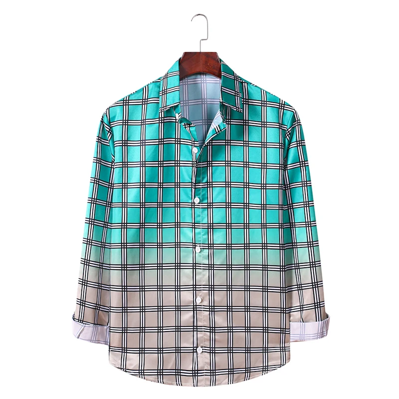 

Aoliwen brand Vintage Shirt Men Printed Long Sleeve Round Neck 2020 Loose Long Tops Casual Men Striped grid Clothes S-2XL