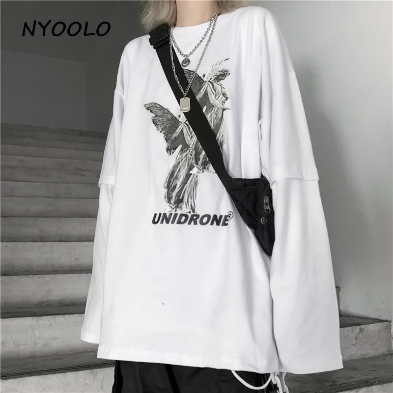 NYOOLO Harajuku стиль уличная винтажная свободная футболка с принтом ангела и буквами Топы Осенняя футболка с круглым вырезом и длинными рукавами для женщин и мужчин
