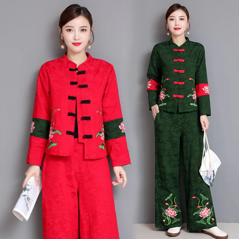 

Autumn And Winter New Style Ethnic-Style Cotton Linen Embroidered Jacquard Cropped Jacket + Wide Leg Pants Casual Two-Piece Set