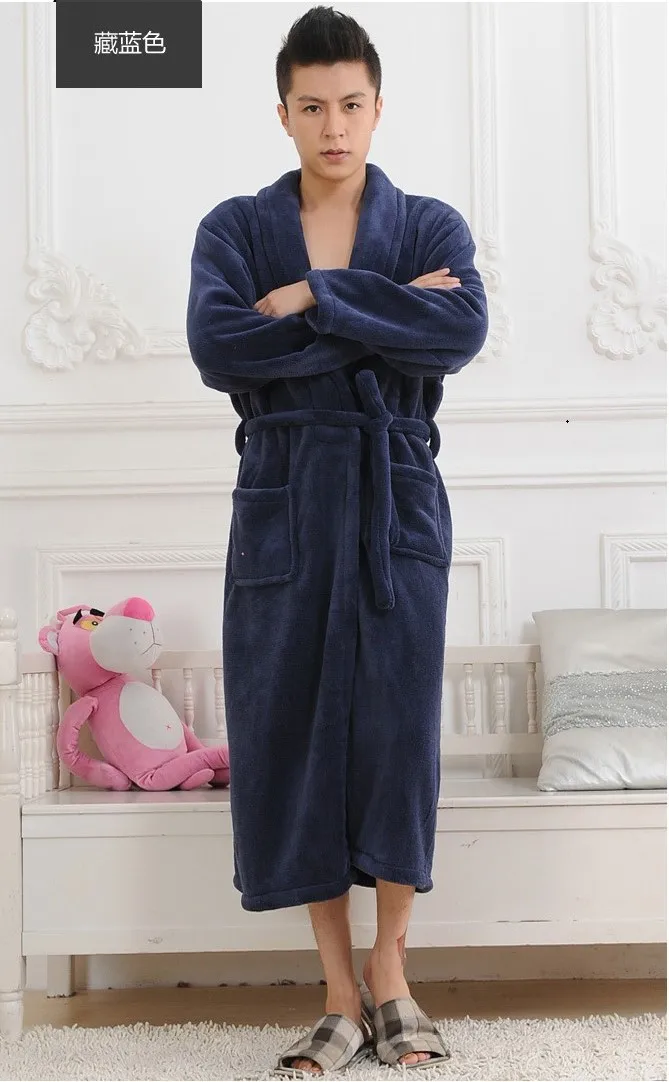 navy blue Одноцветный фланелевый влюбленных халат теплая дутая куртка пояса Мужская бабочка женщина длинный халат пара утепленная длинная ночная рубашка зима женский банный Халат - Цвет: navy blue