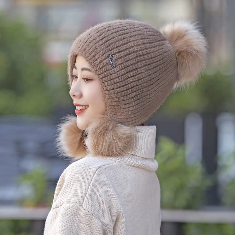 Помпон теплая вязаная зимняя шапка Кепка для женщин ветрозащитная модная