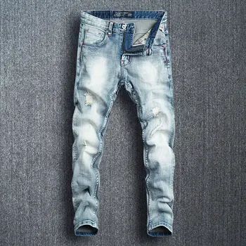 

High Quality Fashion Men Jeans Light Blue White Wash Italian Vintage Style Designer Denim Pants Hombre Slim Fit Ripped Jeans Men