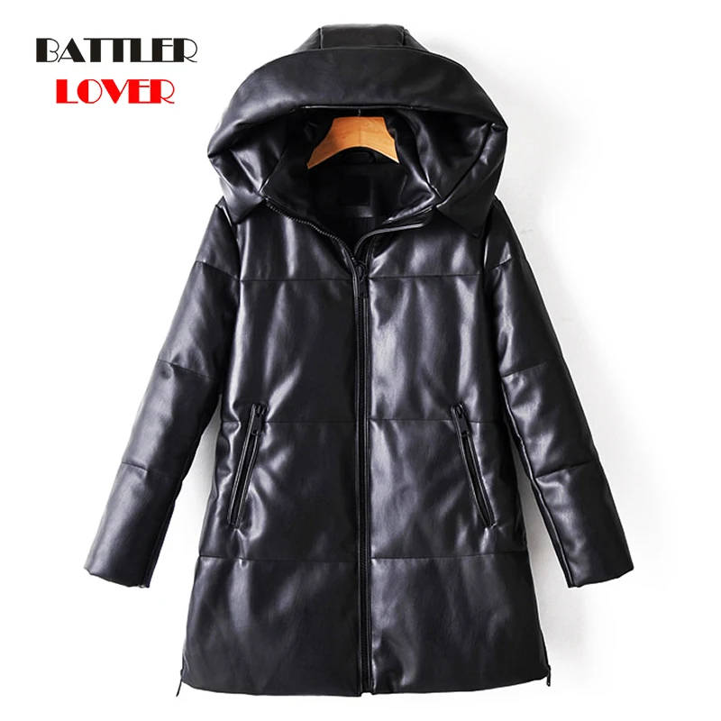 Solid Leather Cotton Hooded Jacket Women