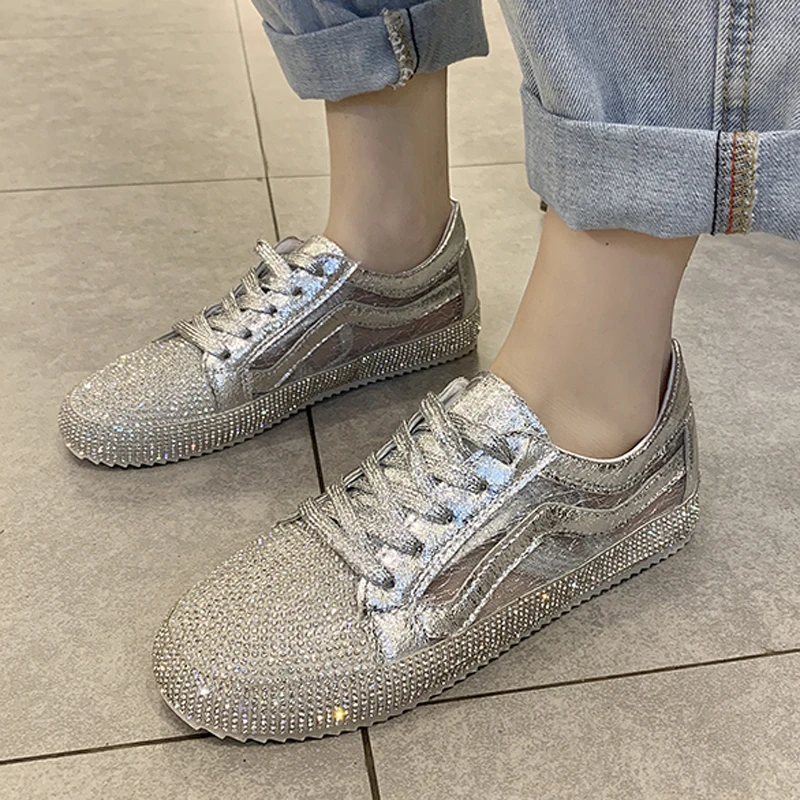 wetry Loafers Women Platform Flats Faux Rhinestone Sneakers Lace-up Silver Solid Creepers Mujer Casual Flat Shoes