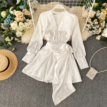 

Autumn 2019 New Ladies V-neck Imitation Satin Pleated Thin Irregular A-line Dress Women White Elegant Vestidos K068