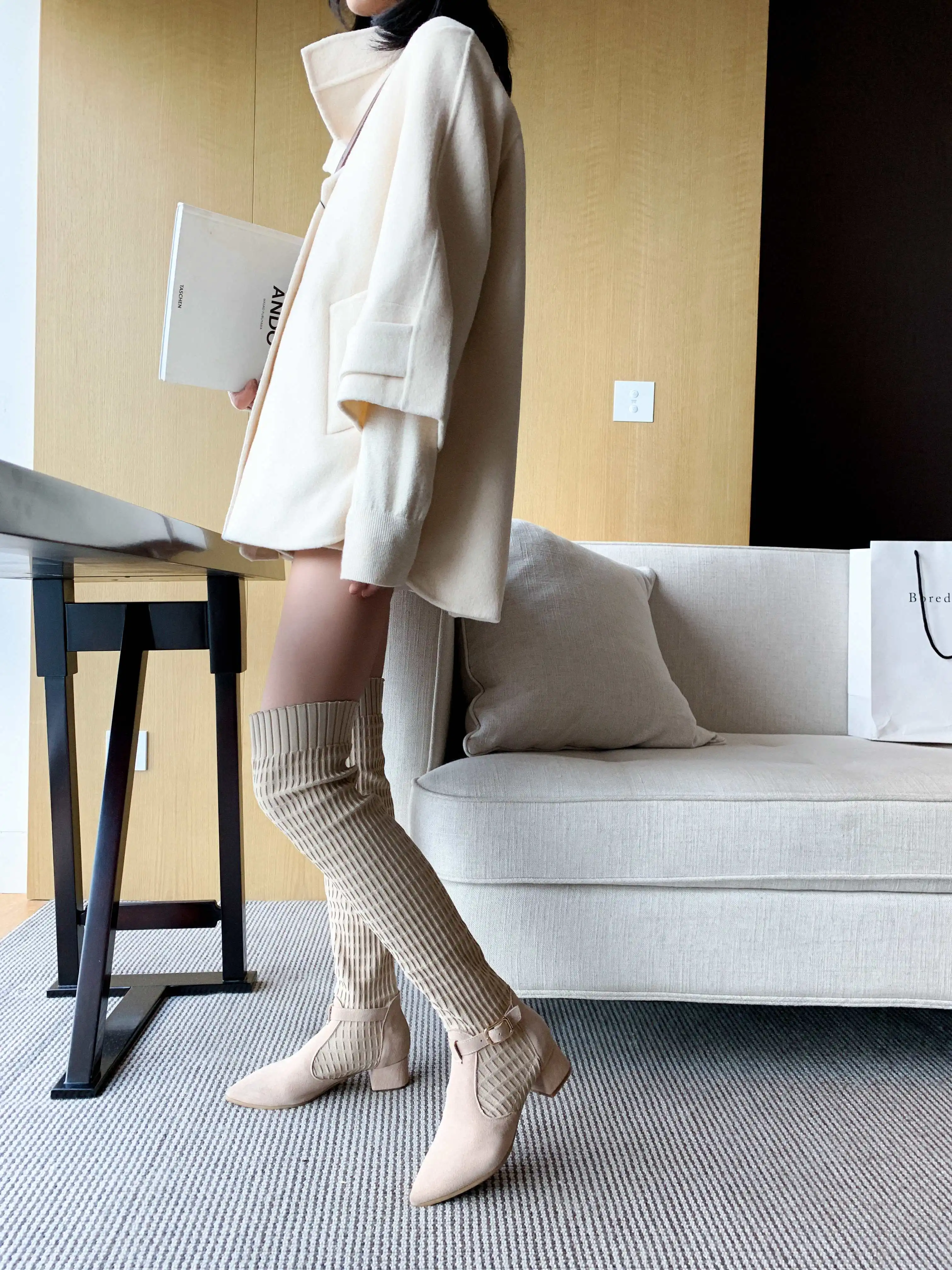 Vichelo Hot Internet star cow suede stretch fabric pointed toe med heels buckle straps winter women warm over-the-knee boots L77