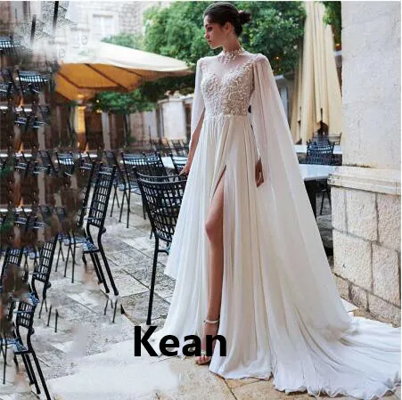 

High Slit Chiffon Wedding Dress High Neck With Jacket Lace Illusion Dubai Arabic Robe De Mariee Bride Gown Custom Made Plus Size
