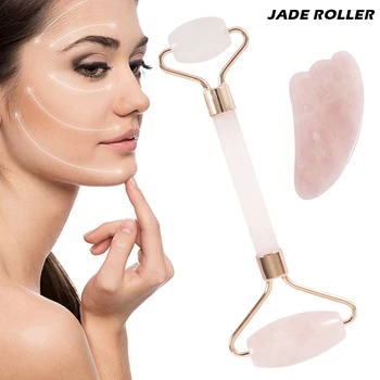 

Jade Roller and Gua Sha Tools Set Anti Aging Rose Quartz Roller Massager Slimming Natural Jade Facial Massage Roller Set Box