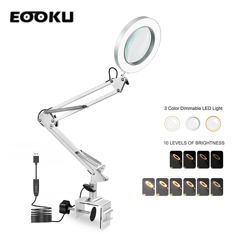 

EOOKU 8W Table Lamp USB LED Light 5X Magnifying Glass Desktop Clip Three-Color Professional Reading/ Repair /Beauty