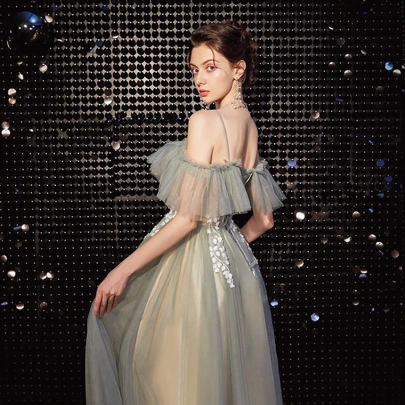 SSYFashion Новое романтическое светло-зеленое вечернее платье кружевной вырез лодочкой Аппликации длиной до пола длинное официальное вечернее платье Vestido De Noche