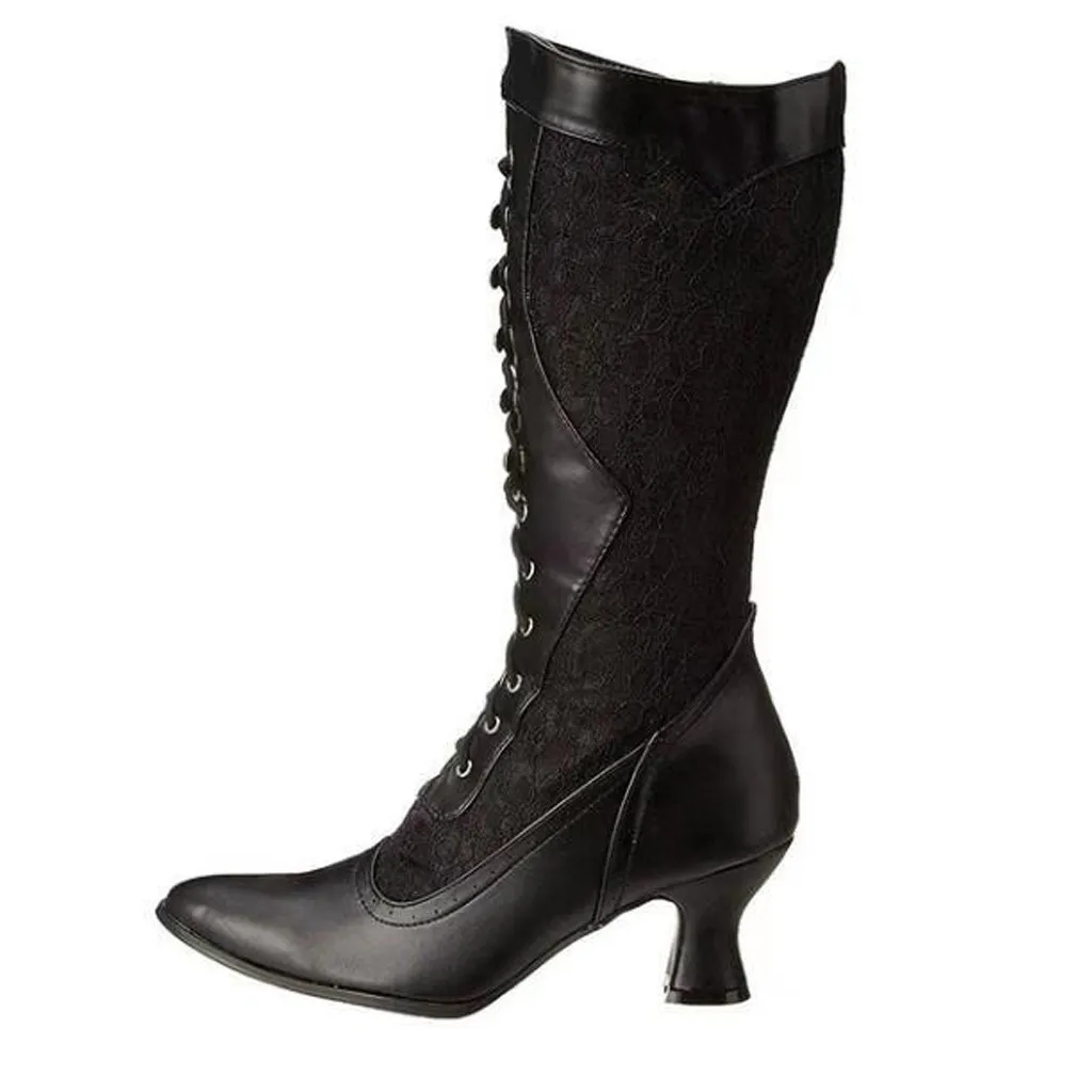 Women's High Heeled Boots large size 35-43 square Heels boots ladies Shoes female knee-high Boots Lace Pointed Toe Woman boots