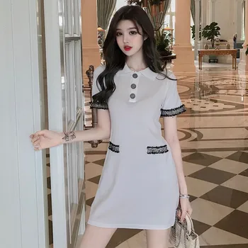 

Summer Tweed Patchwork Shirts Dress Women Sexy Turn Down Collar Mini Dress Casual Bodycorn Dress Cotton Vintage Harajuku W457