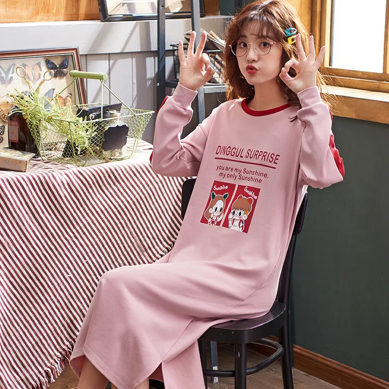 

By Fruit Pure Cotton Nightgown Women's Long-Sleeve Spring, Autumn And Winter Korean-style Loose-Fit Students Pregnant Women Long