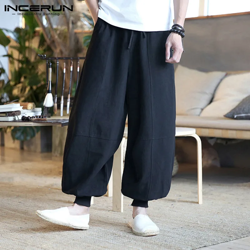 

INCERUN Men Wide Leg Pants Vintage Cotton Solid Color 2020 Loose Drawstring Casual Trousers Baggy Streetwear Pantalones Hombre